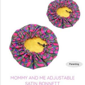 Mommy and Me Adjustable satin bonnet set.